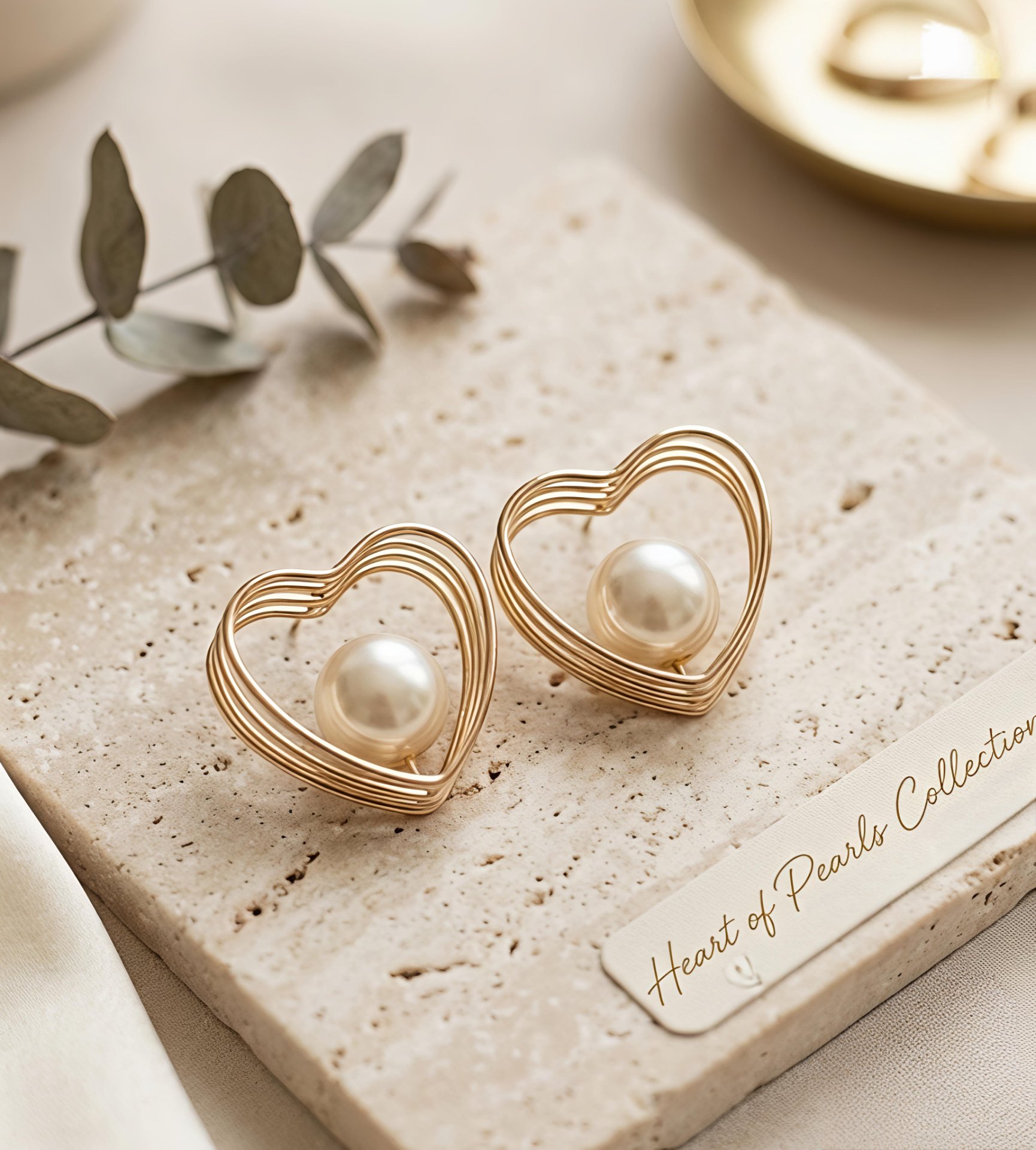 Rose Gold Heart Pearl Stud Earrings