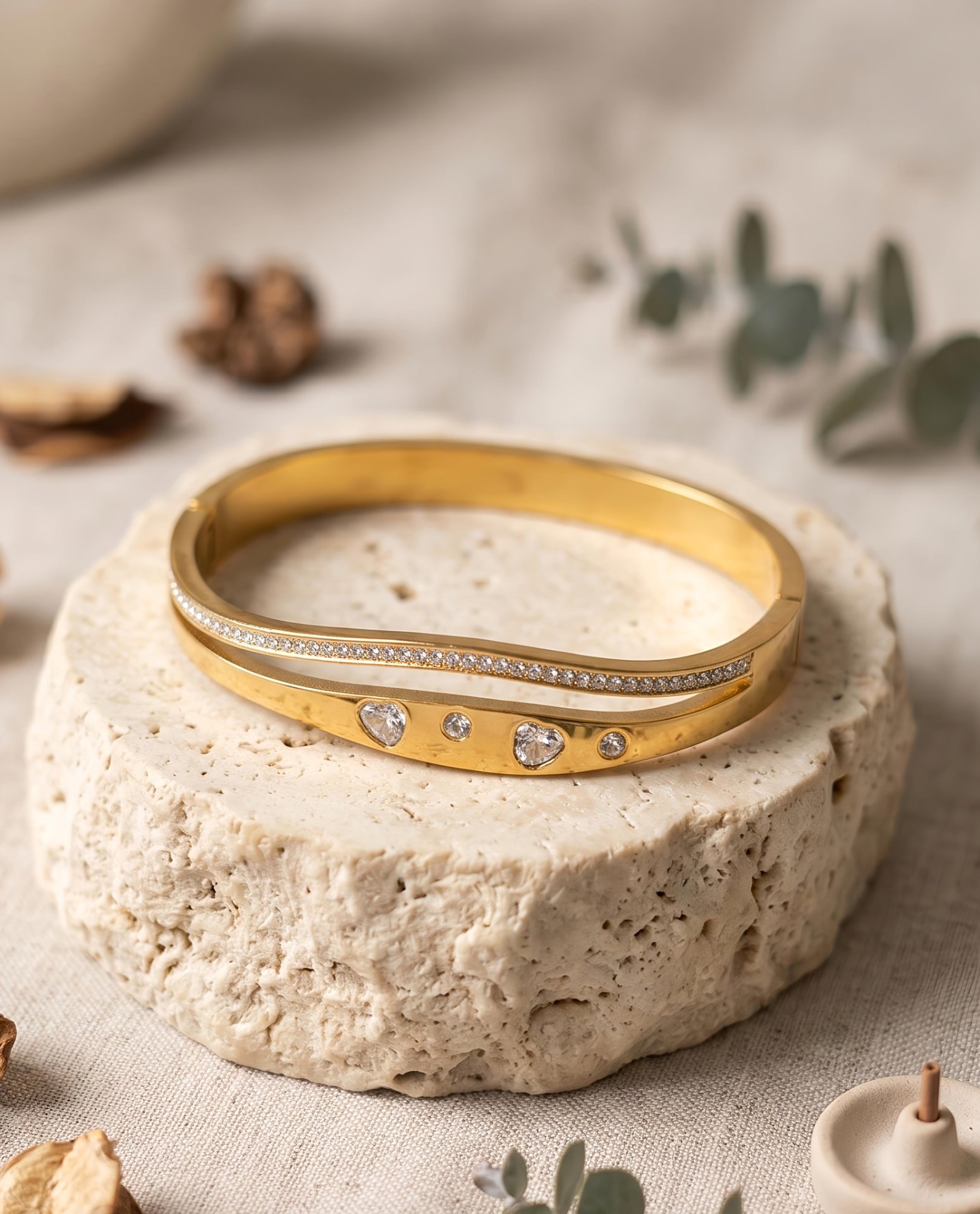 Sparkling Heart Gold Bangle Bracelet